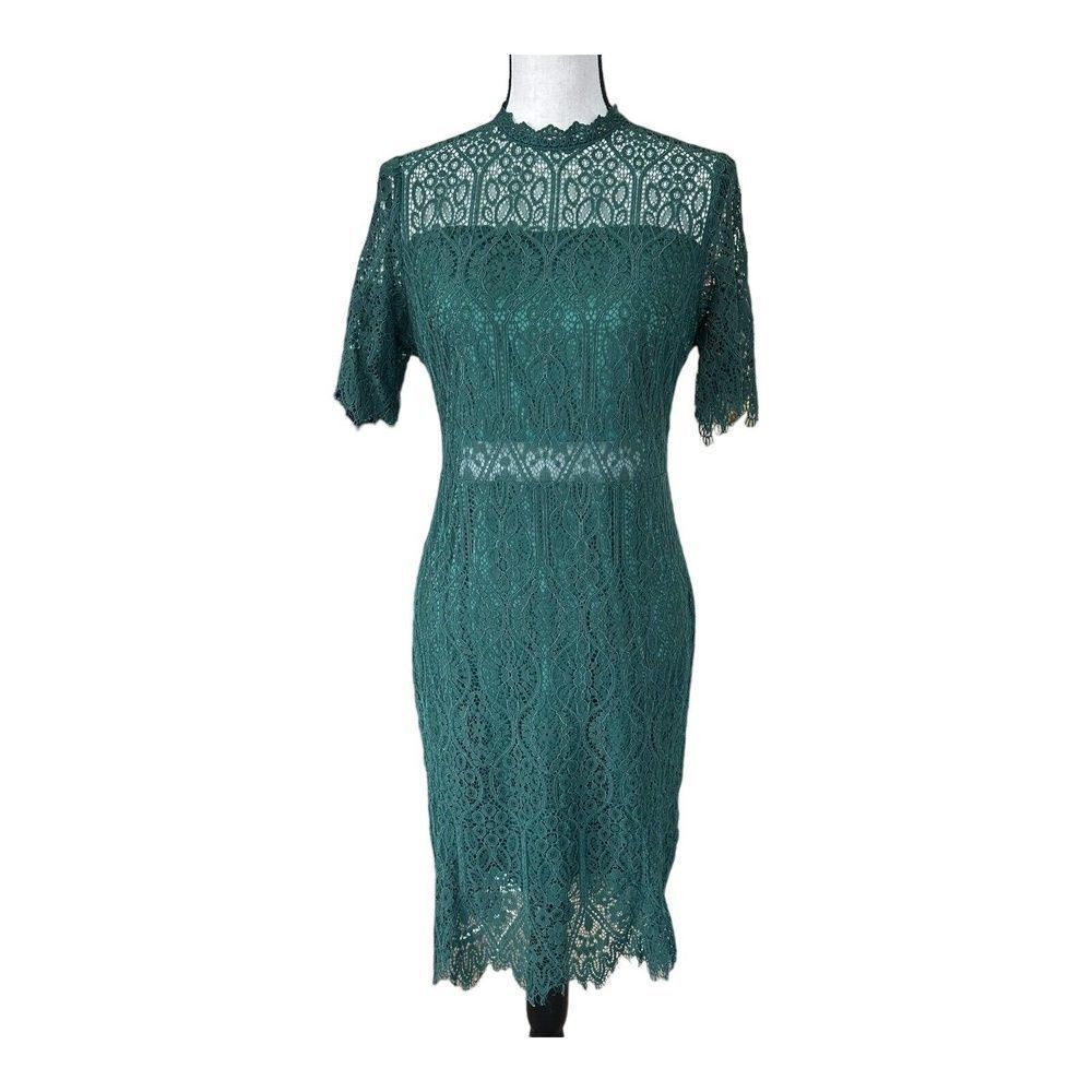 Zalalus Green Sheer Lace High Neck Elegant Bodycon Midi Dress Womens 10 - Picture 4 of 14